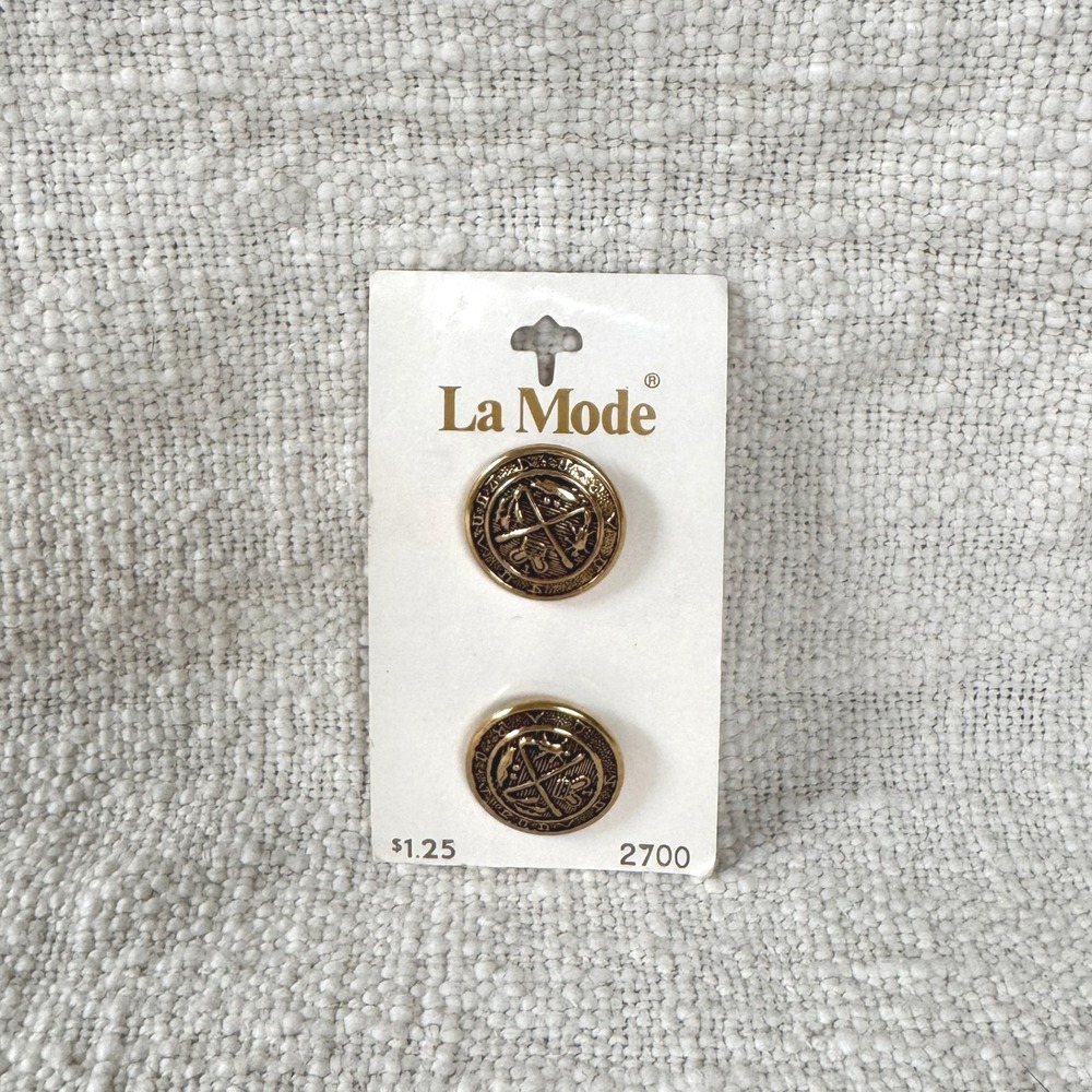 Vintage‎ La Mode Buttons Gold Crest Metal Shank Buttons Set of 2 1970s